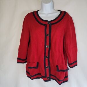 Talbots Red Navy Blue Trim Knit 3/4 Sleeve Cardigan SweaterWomens 1xp 1X Petite